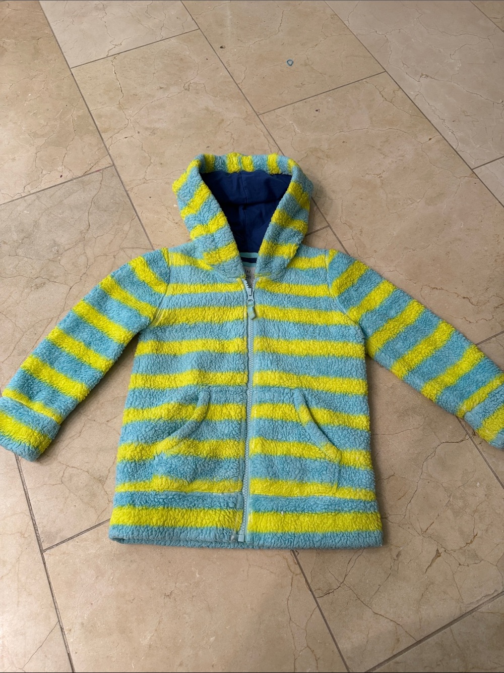 Mini Boden Plush Hooded Zip Jacket in Blue & Yellow Stripes